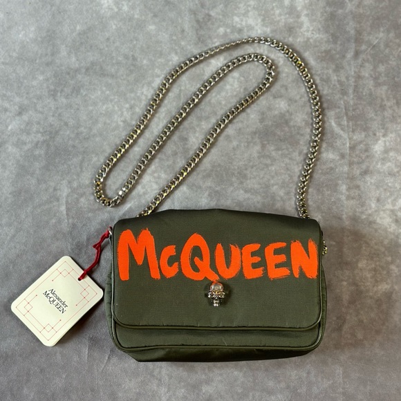 ALEXANDER MCQUEEN LOGO NYLON SKULL CROSSBODY BAG W/SILVER CHAIN, KHAKI GREEN - Picture 1 of 15